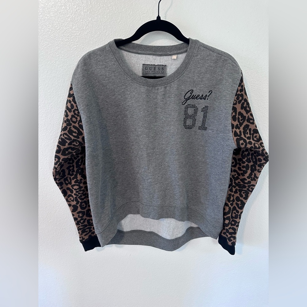 Guess Grey Sweatshirt with Leopard Print Sleeves